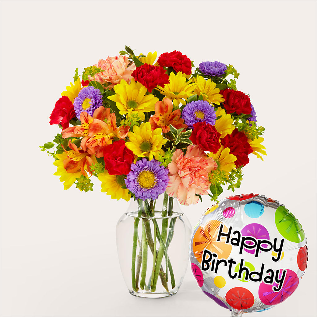 Kaleidoscope Bouquet with Birthday Balloon – F & S FLOWERS DESIGN LLC, Margate FL
