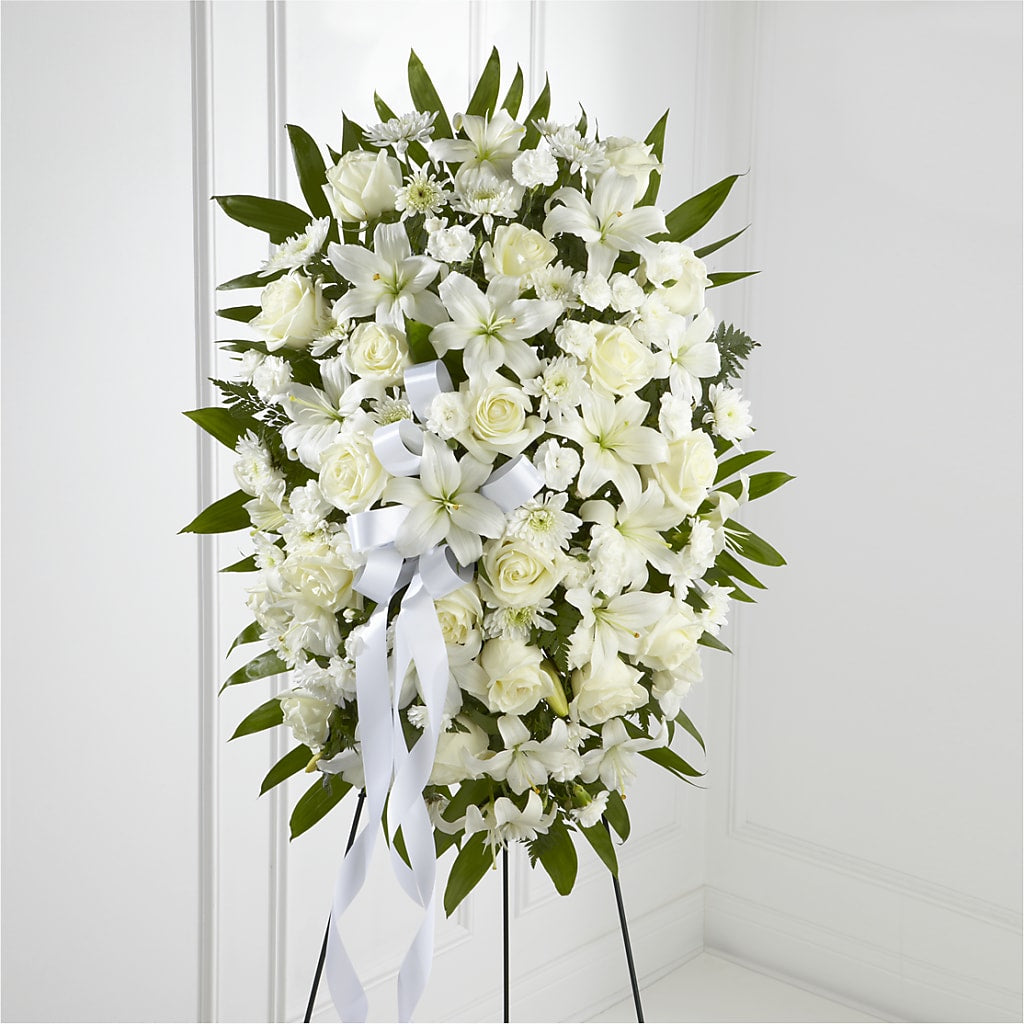 Exquisite Tribute Standing Spray-White Ribbon – F & S FLOWERS DESIGN LLC, Margate FL