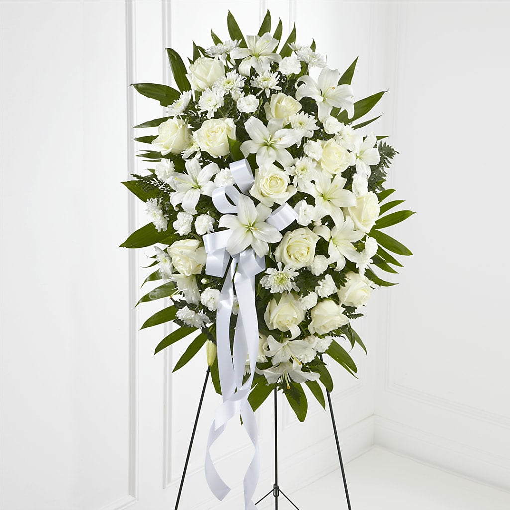 Exquisite Tribute Standing Spray-White Ribbon – F & S FLOWERS DESIGN LLC, Margate FL